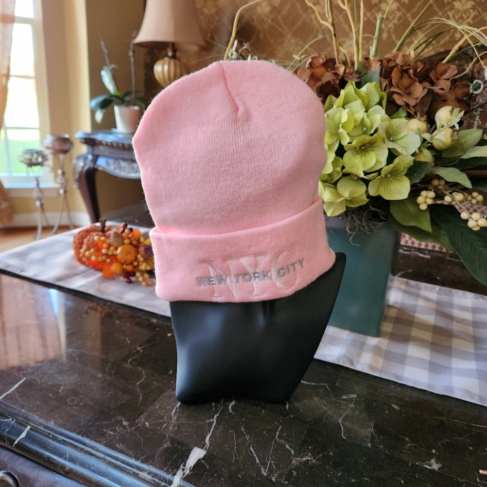 Pink NYC Embroidered Cuffed Knit Beanie Hat One Size Nwot